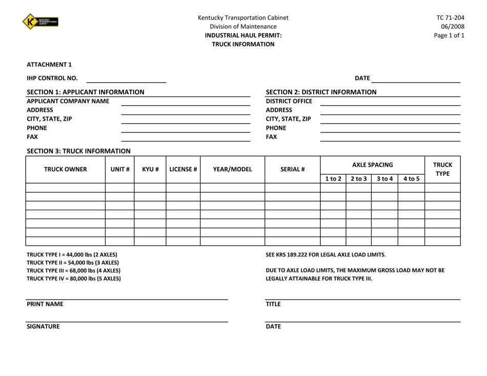 Form TC71-204 Industrial Haul Permit: Truck Information - Kentucky, Page 1