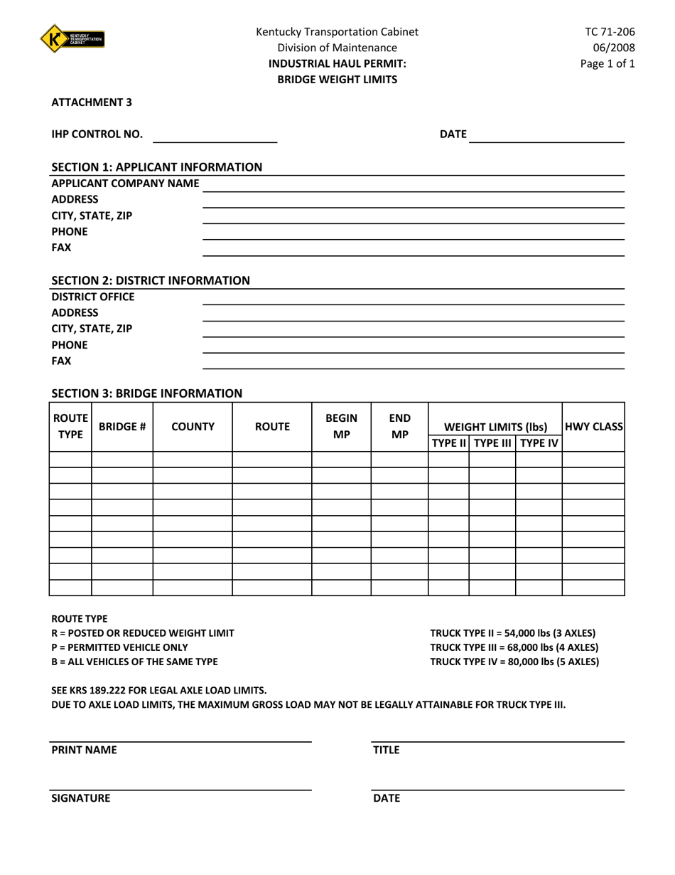 Form TC71-206 Industrial Haul Permit: Bridge Weight Limits - Kentucky, Page 1