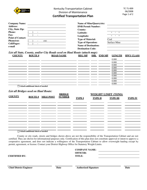 Form TC71-009 Certified Transportation Plan - Kentucky