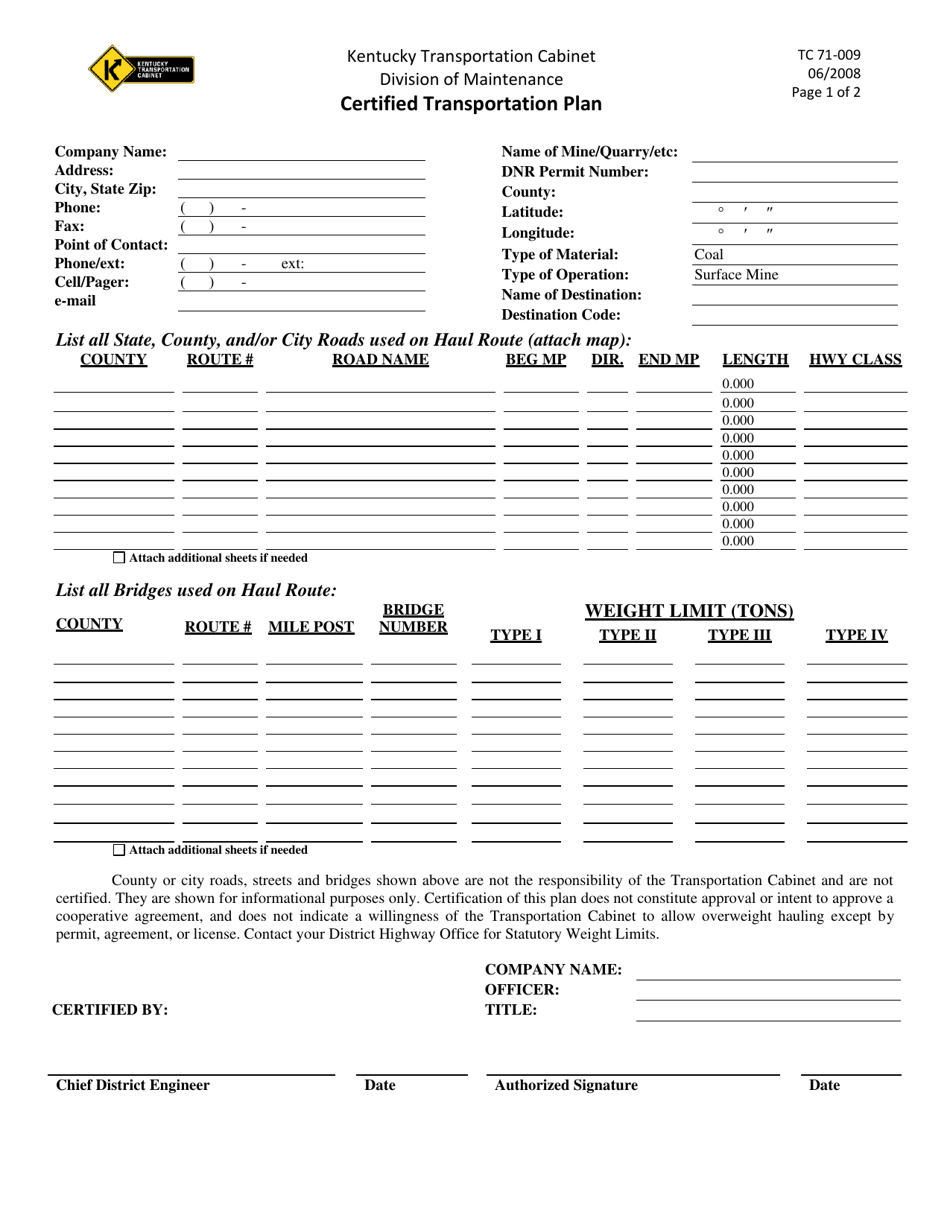Form TC71-009 Certified Transportation Plan - Kentucky, Page 1