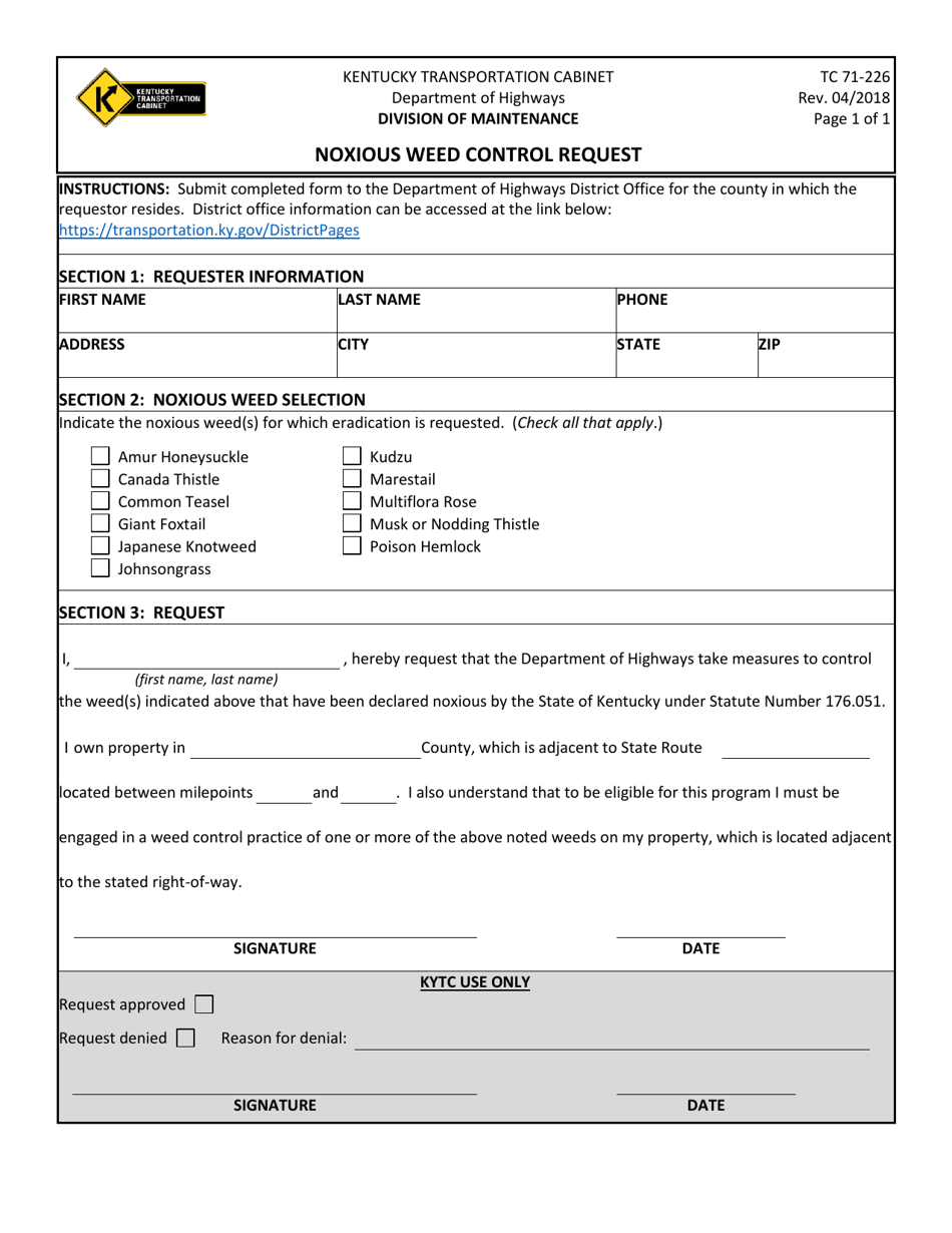 Form TC71-226 Noxious Weed Control Request - Kentucky, Page 1