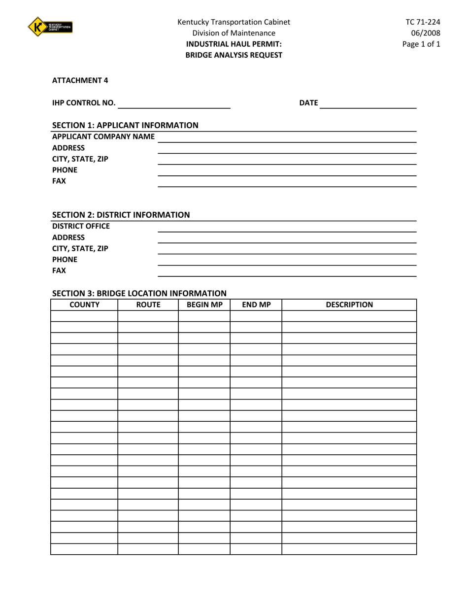 Form TC71-224 Industrial Haul Permit: Bridge Analysis Request - Kentucky, Page 1