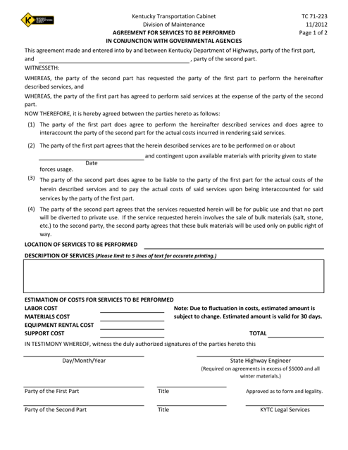Form TC71-223 Agreement for Services to Be Performed in Conjunction With Governmental Agencies - Kentucky