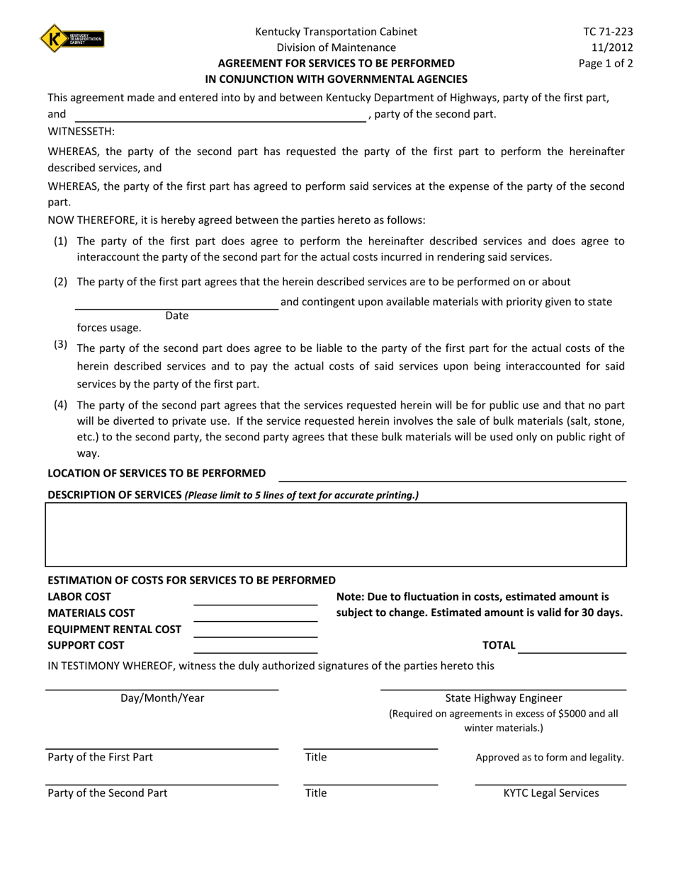 Form TC71-223 Agreement for Services to Be Performed in Conjunction With Governmental Agencies - Kentucky, Page 1