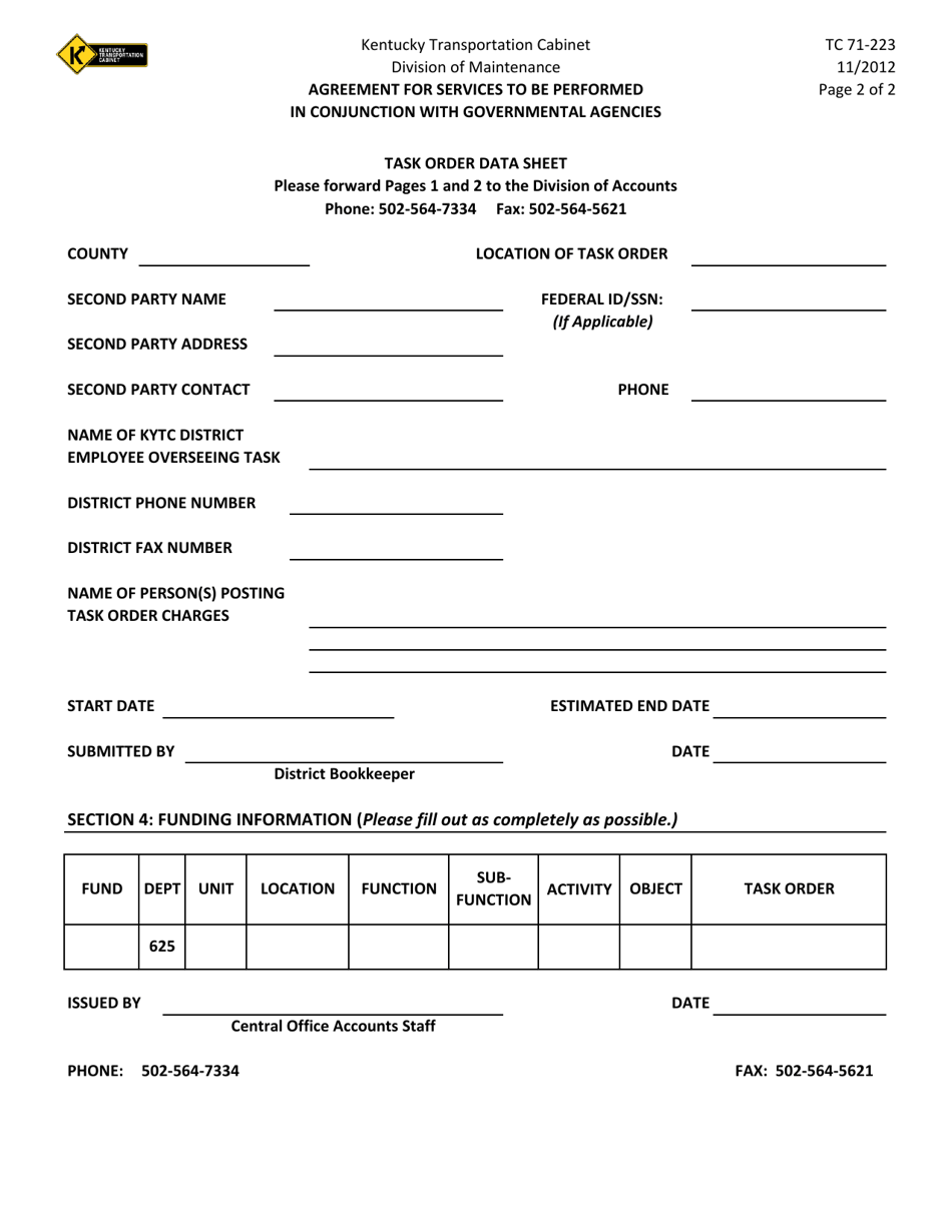 Form TC71-223 Agreement for Services to Be Performed in Conjunction With Governmental Agencies - Kentucky, Page 2