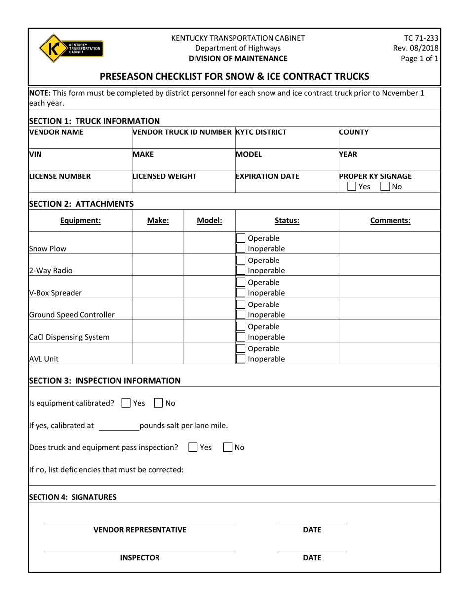 Form TC71-233 Preseason Checklist for Snow  ICE Contract Trucks - Kentucky, Page 1