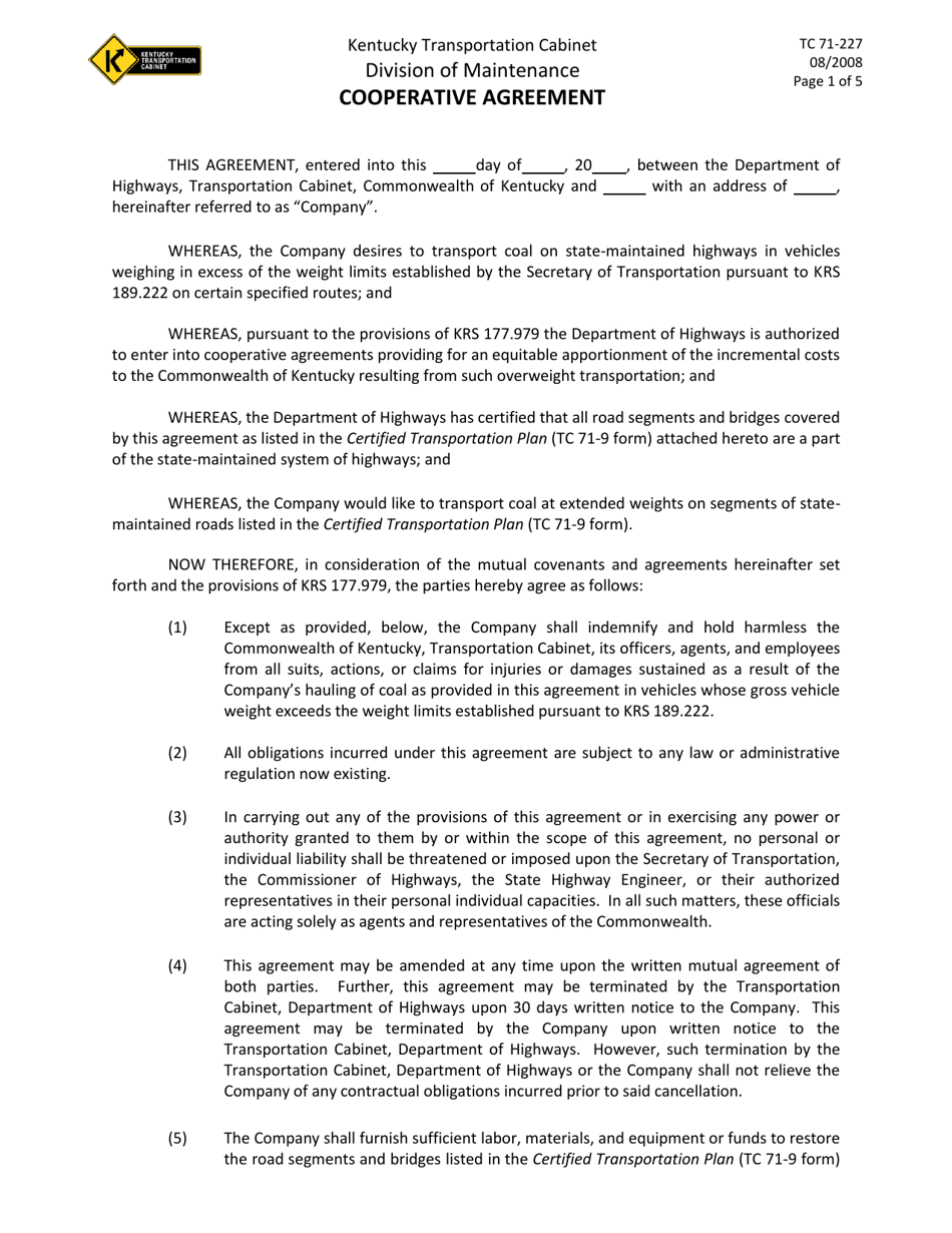Form TC71-227 Cooperative Agreement - Kentucky, Page 1