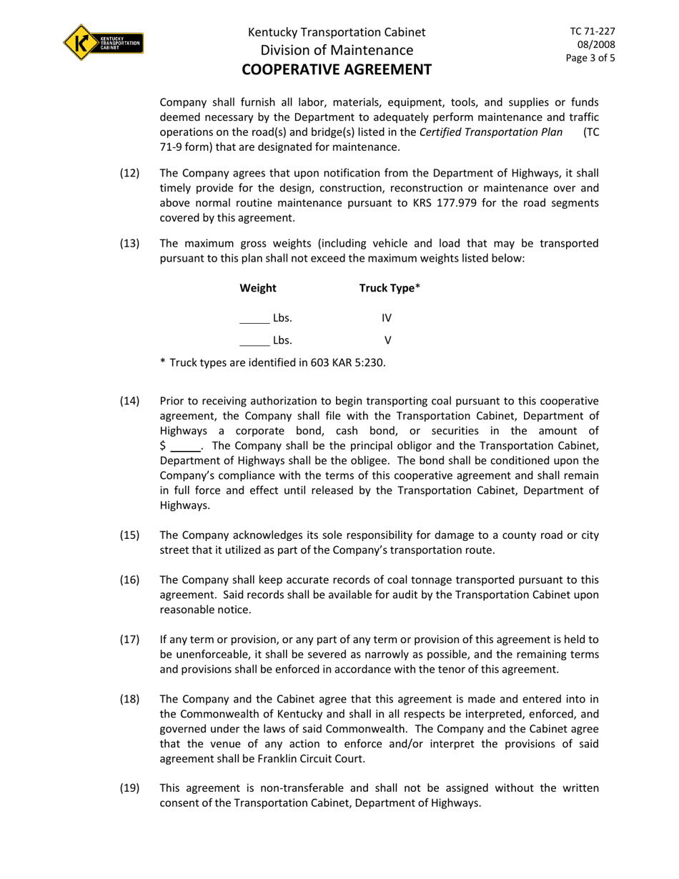 Form TC71-227 Cooperative Agreement - Kentucky, Page 3