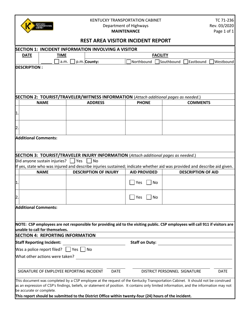 Form TC71-236 Rest Area Visitor Incident Report - Kentucky, Page 1