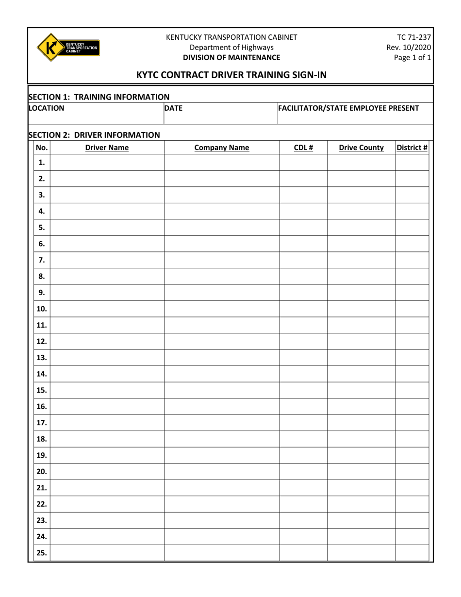 Form TC71-237 Kytc Contract Driver Training Sign-In - Kentucky, Page 1