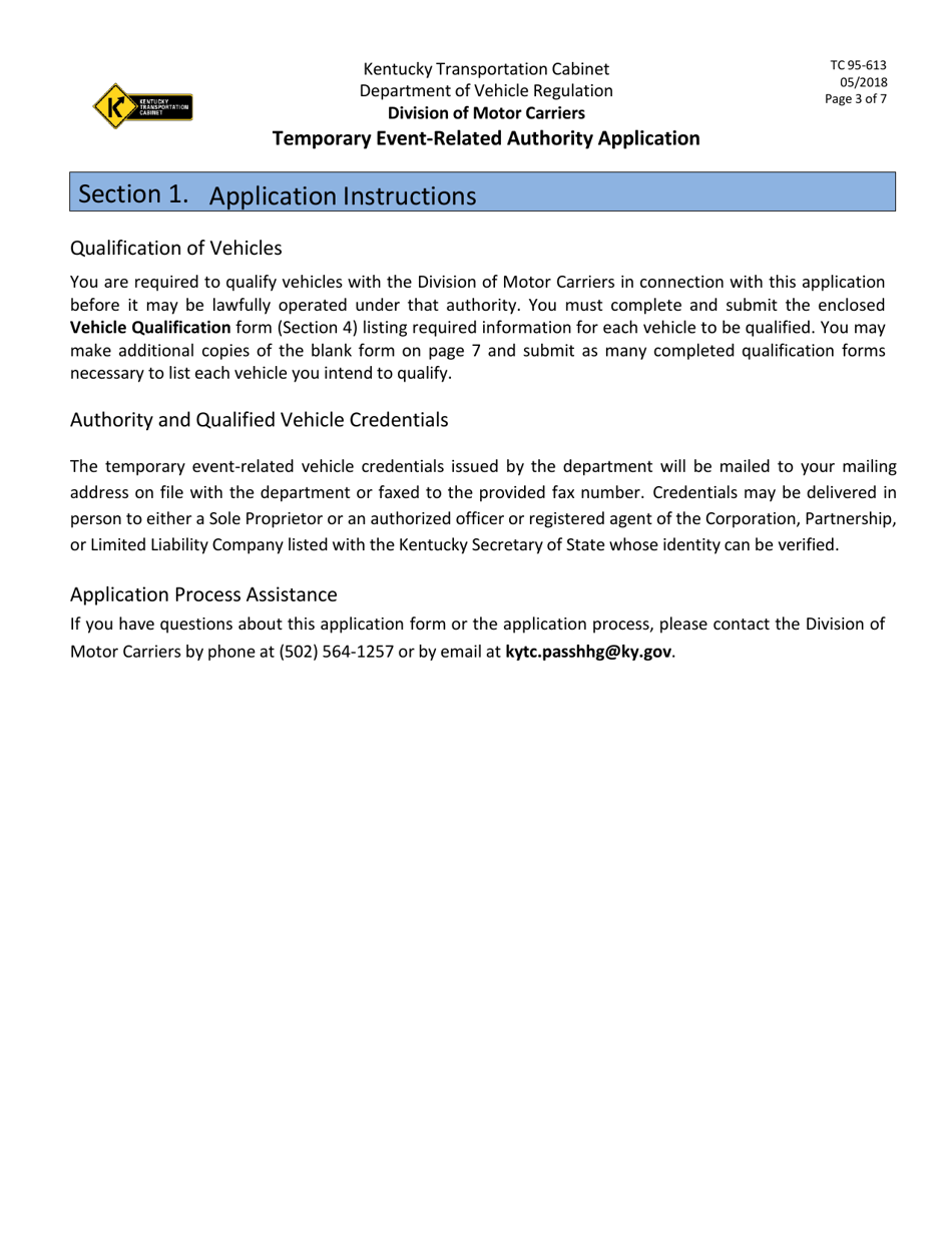 Form TC95-613 Temporary Event-Related Authority Application - Kentucky, Page 3