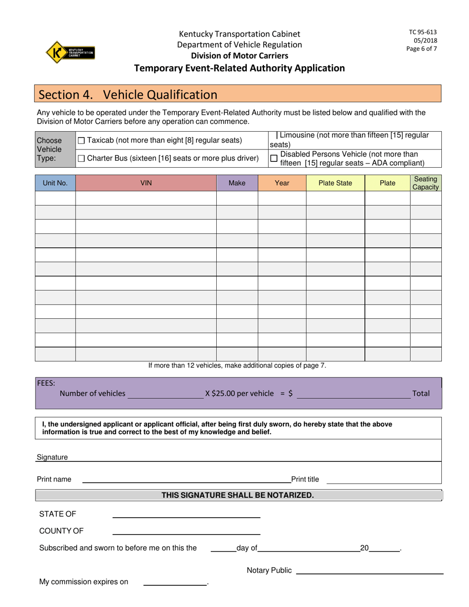 Form TC95-613 Temporary Event-Related Authority Application - Kentucky, Page 7