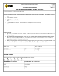Document preview: Form TC94-14 Voluntarily Surrendered License Affidavit - Kentucky