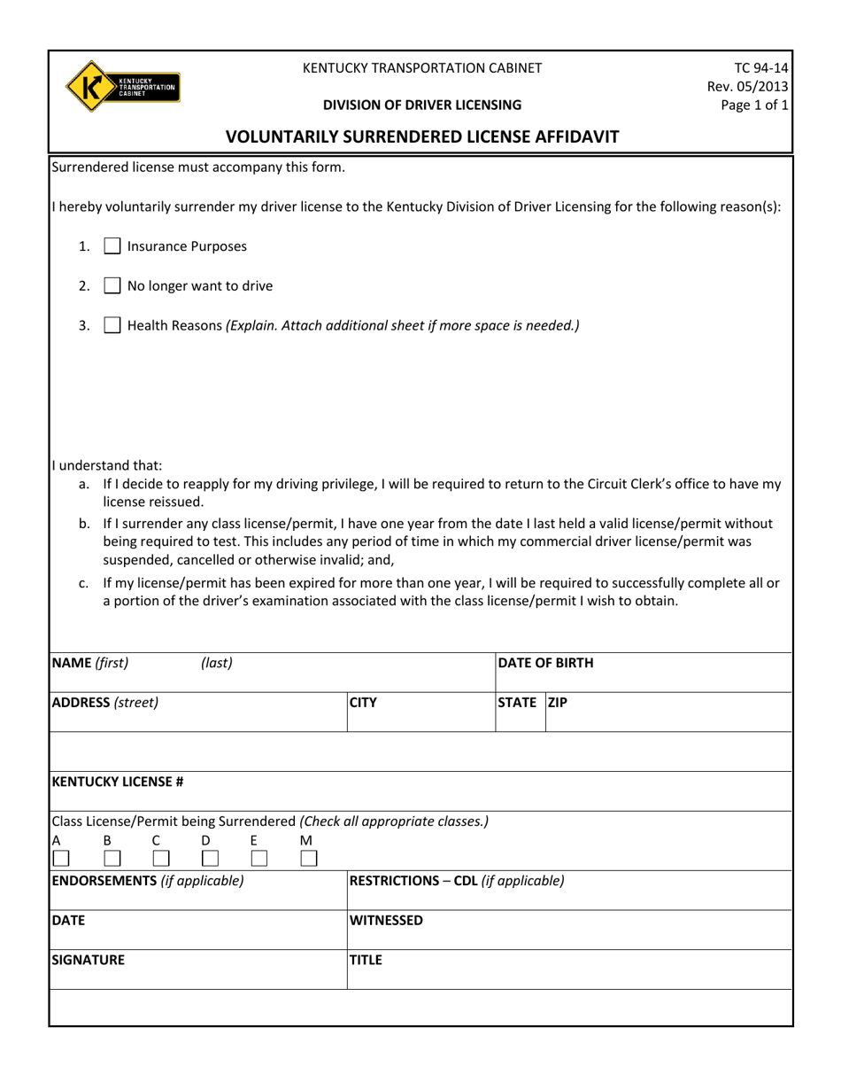 Form TC94-14 Voluntarily Surrendered License Affidavit - Kentucky, Page 1