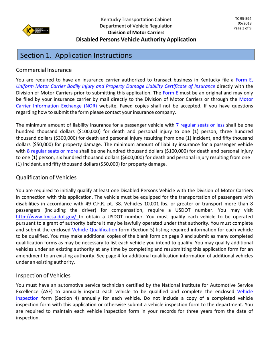 Form TC95-594 Disabled Persons Vehicle Authority Application - Kentucky, Page 3