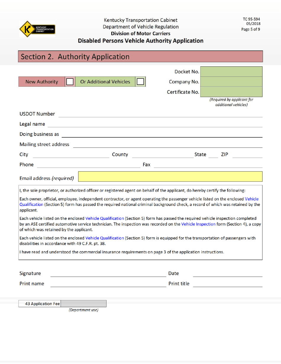 Form TC95-594 Disabled Persons Vehicle Authority Application - Kentucky, Page 5