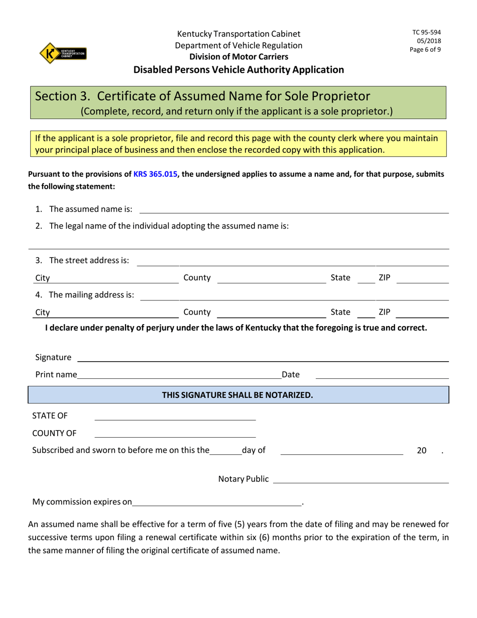 Form TC95-594 Disabled Persons Vehicle Authority Application - Kentucky, Page 6