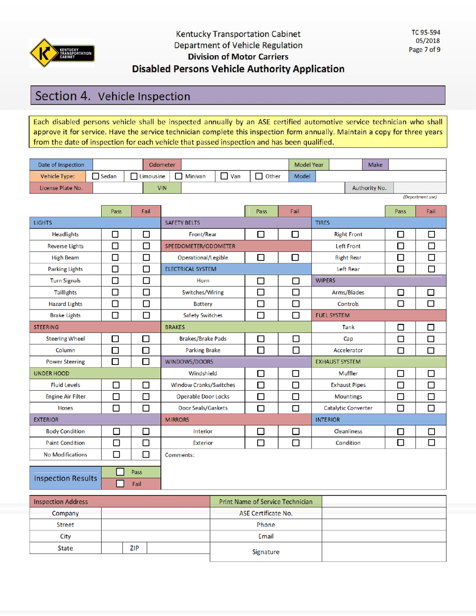 Form TC95-594 Disabled Persons Vehicle Authority Application - Kentucky, Page 7