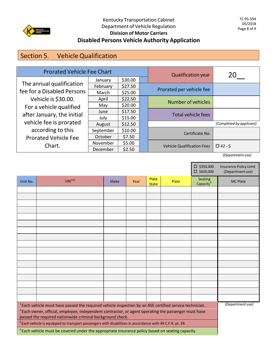 Form TC95-594 Disabled Persons Vehicle Authority Application - Kentucky, Page 8