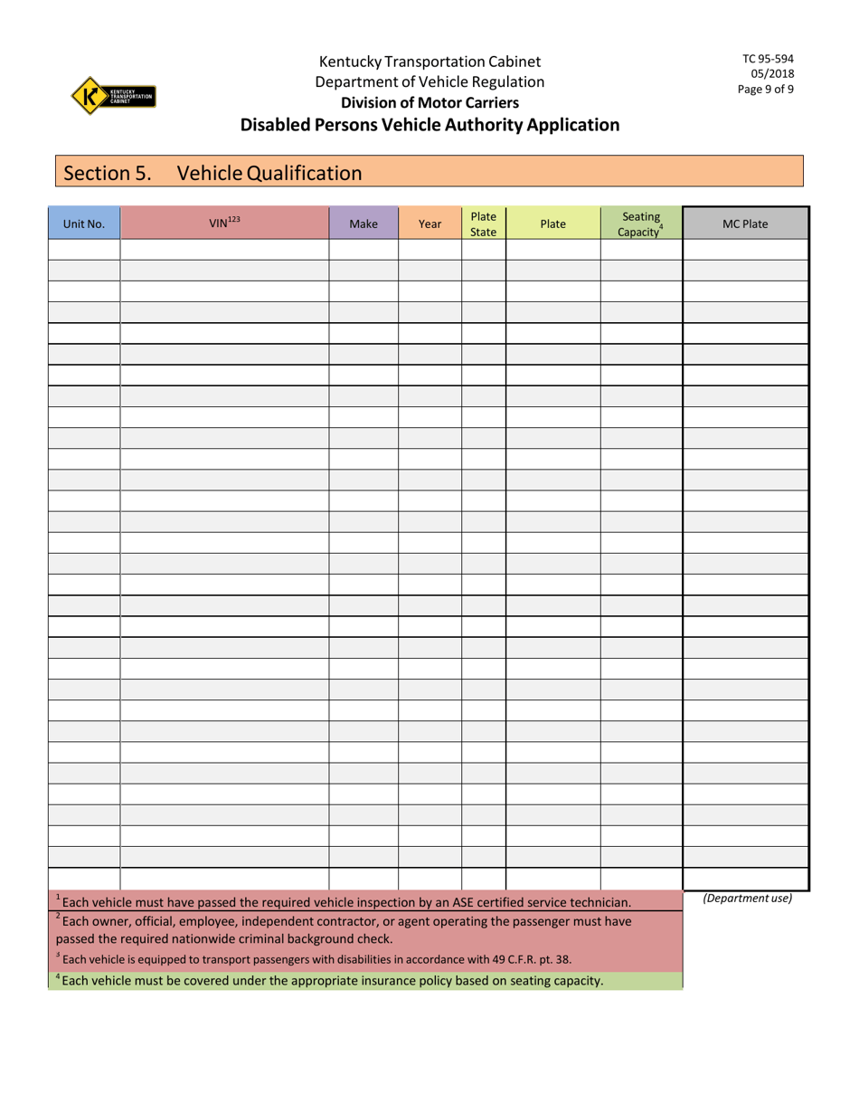 Form TC95-594 Disabled Persons Vehicle Authority Application - Kentucky, Page 9