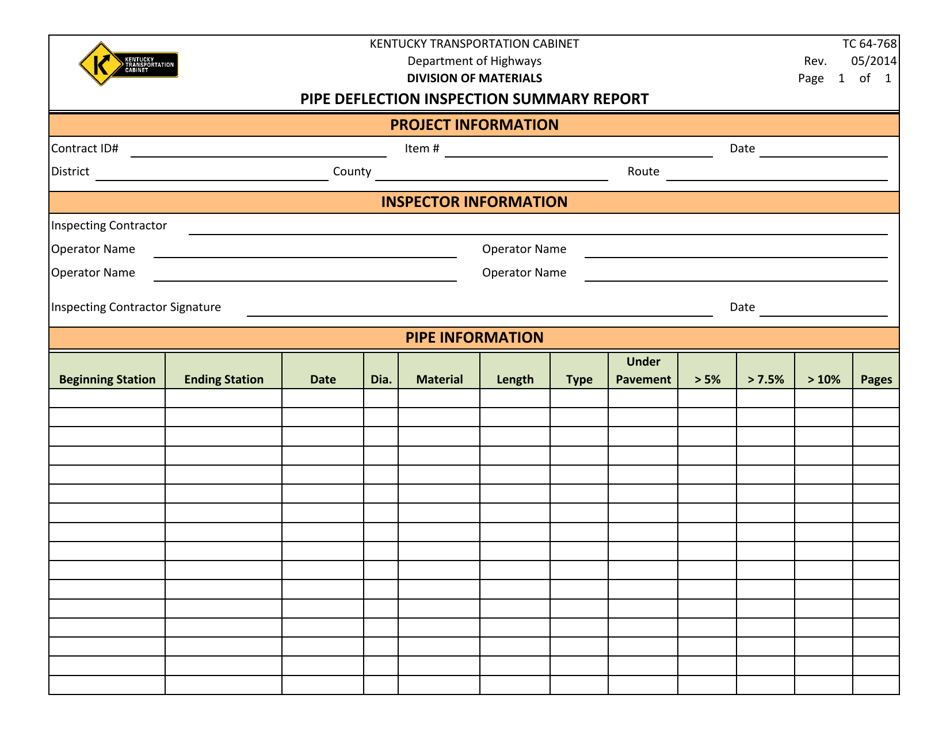 Form TC64-768 Pipe Deflection Inspection Summary Report - Kentucky, Page 1