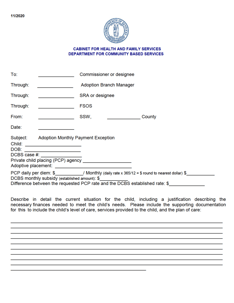 Kentucky Adoption Monthly Payment Exception - Fill Out, Sign Online and ...