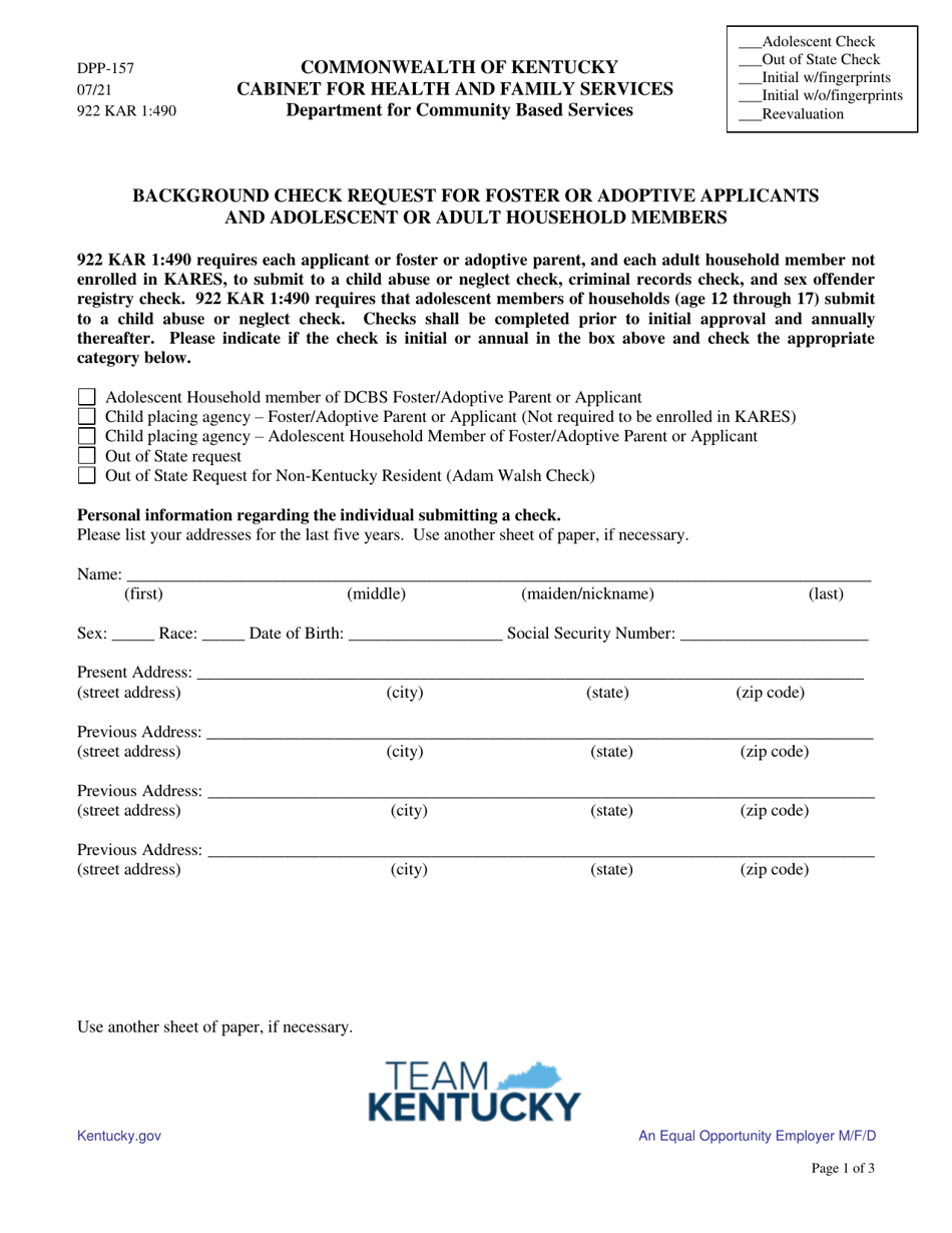 Form DPP-157 Background Check Request for Foster or Adoptive Applicants and Adolescent or Adult Household Members - Kentucky, Page 1