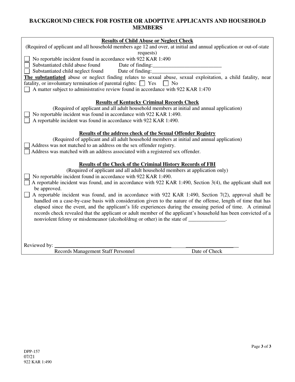 Form DPP-157 Background Check Request for Foster or Adoptive Applicants and Adolescent or Adult Household Members - Kentucky, Page 3