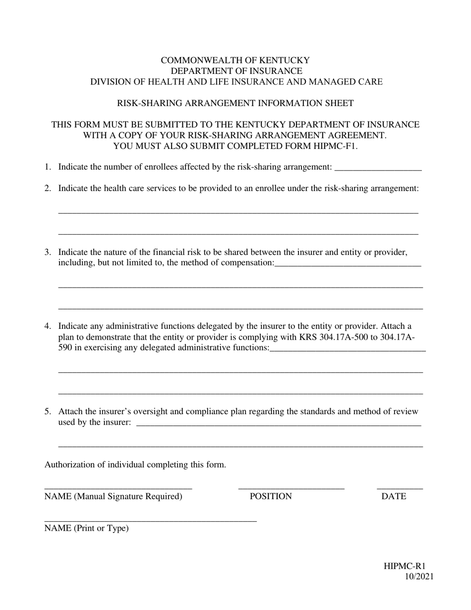 Form HIPMC-R1 Risk-Sharing Arrangement Information Sheet - Kentucky, Page 1