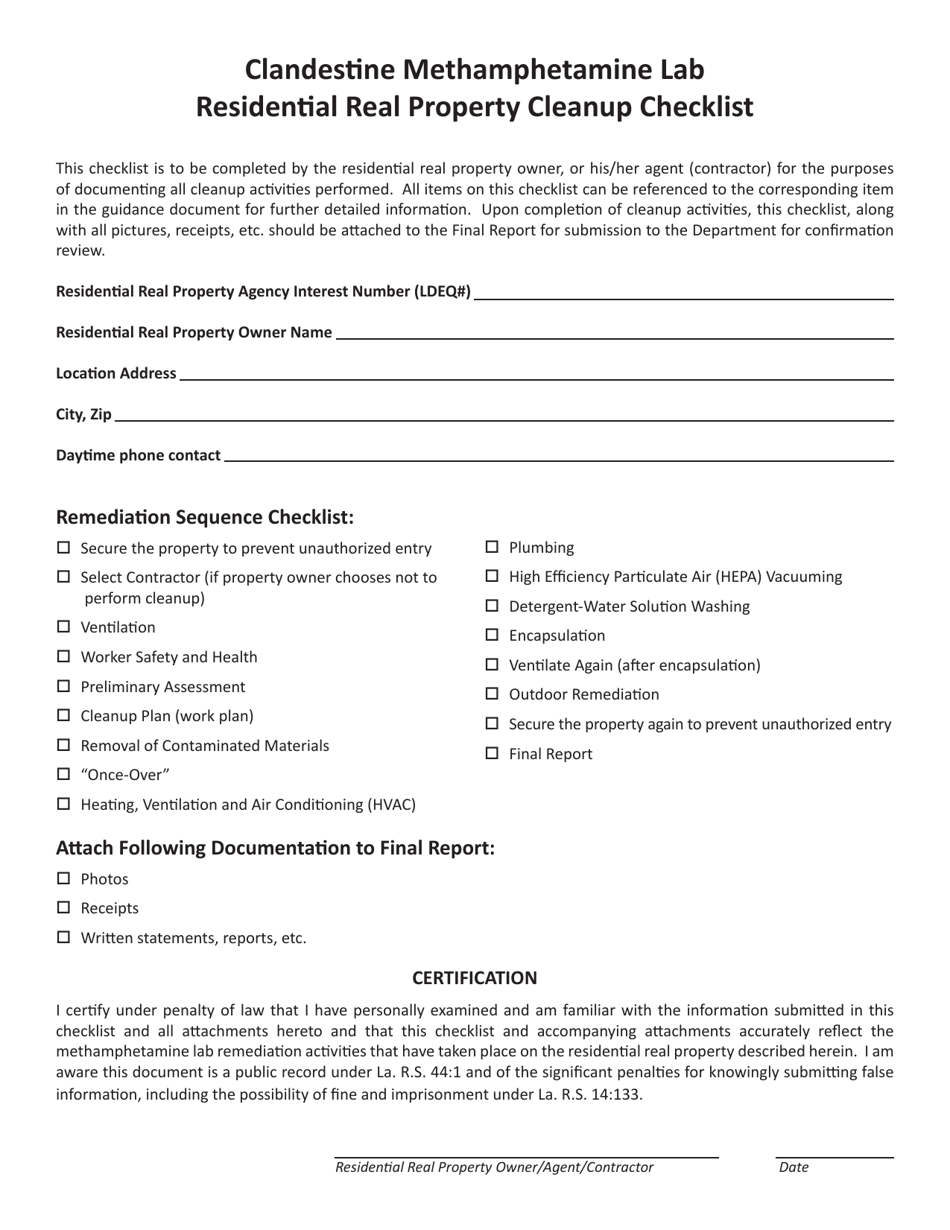 Clandestine Methamphetamine Lab Residential Real Property Cleanup Checklist - Louisiana, Page 1