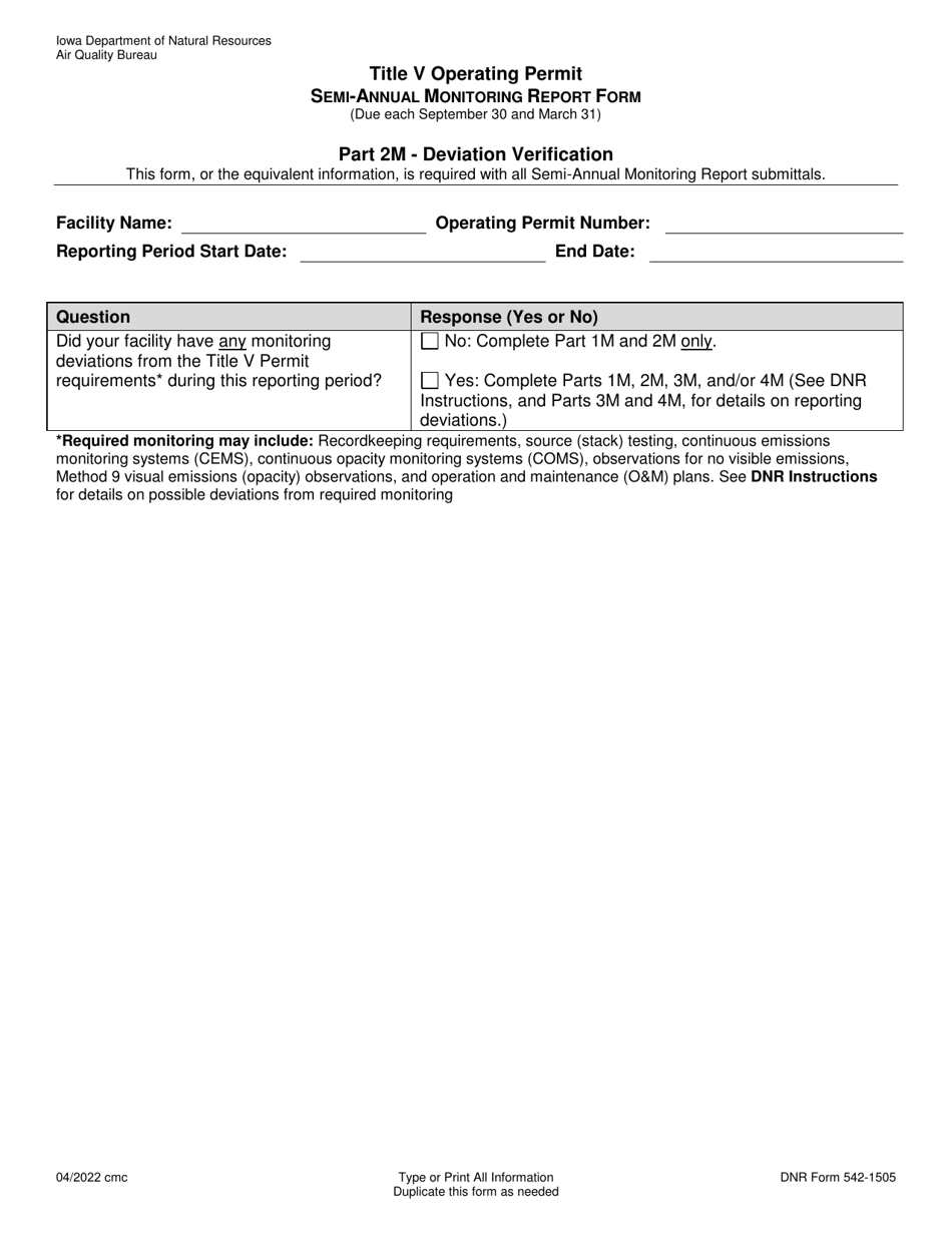 DNR Form 542-1505 Title V Operating Permit - Semi-annual Monitoring Report - Iowa, Page 2