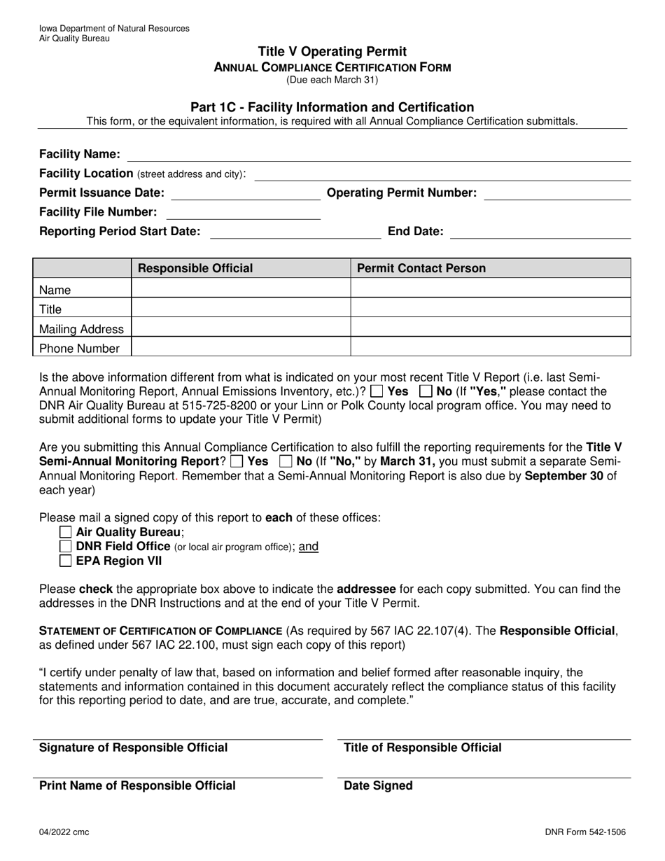 DNR Form 542-1506 Title V Operating Permit - Annual Compliance Certification Form - Iowa, Page 1