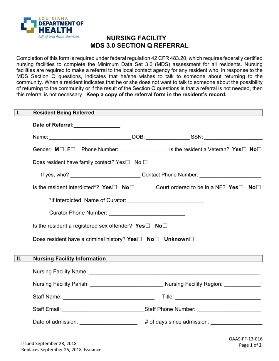 Form OAAS-PF-13-016 Nursing Facility Mds 3.0 Section Q Referral - Louisiana, Page 1