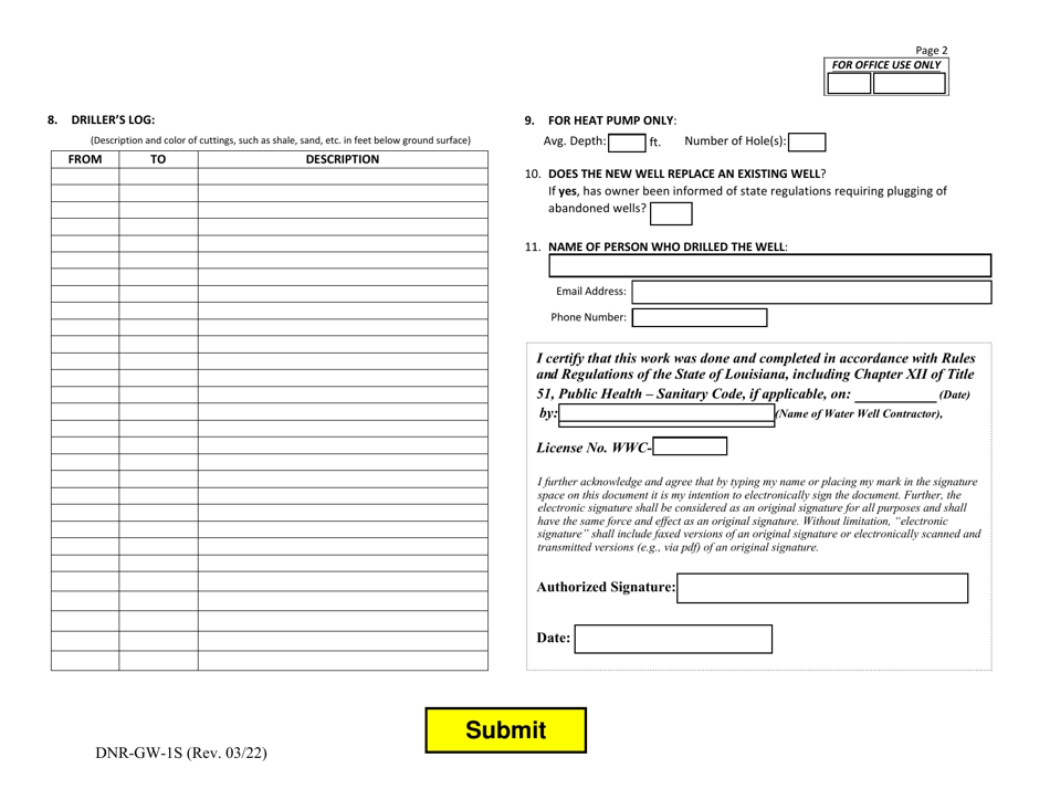 Form DNR-GW-1S Water Well Registration Short Form - Louisiana, Page 2