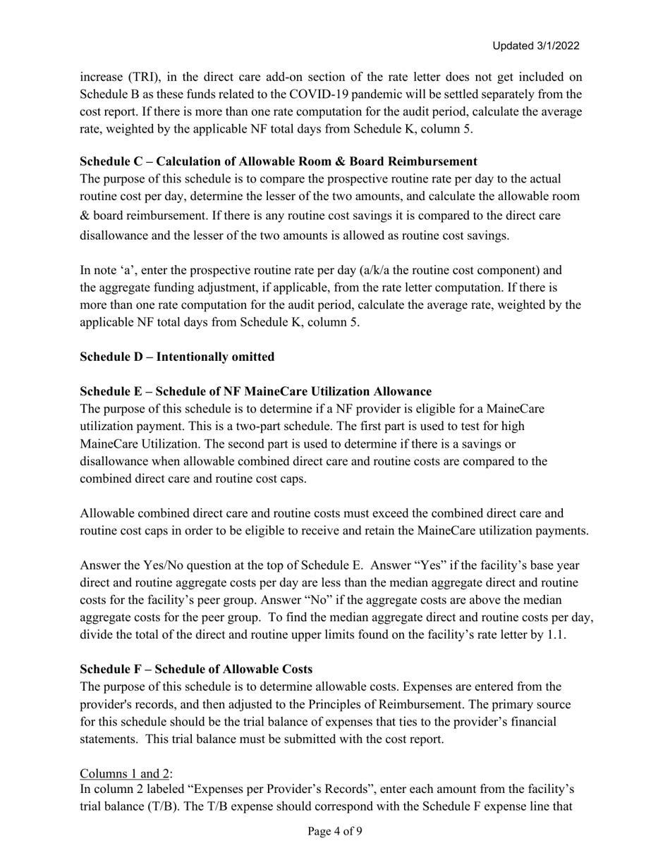 Instructions for Mainecare Cost Report for Nursing Facilities (Single Level) - Maine, Page 4