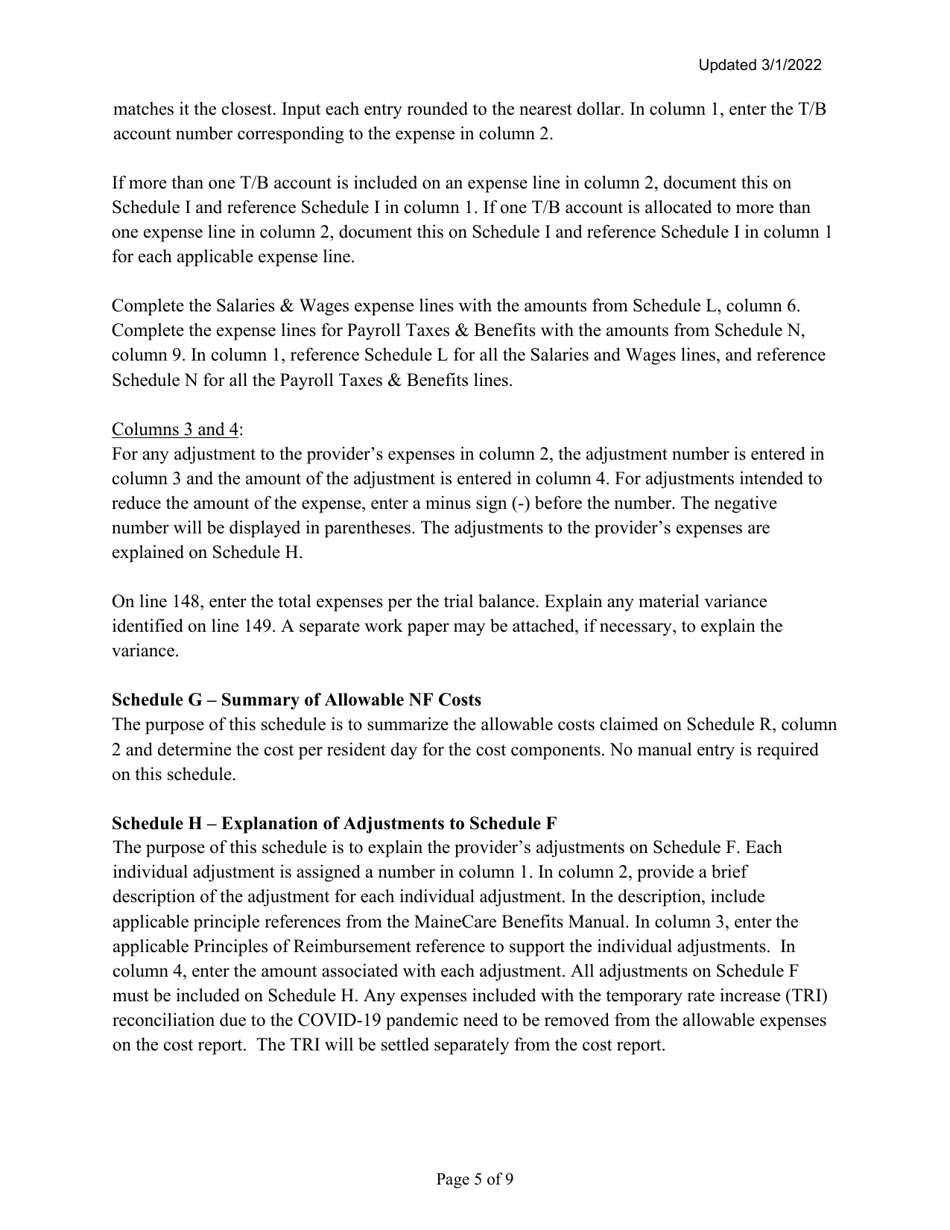 Instructions for Mainecare Cost Report for Nursing Facilities (Single Level) - Maine, Page 5