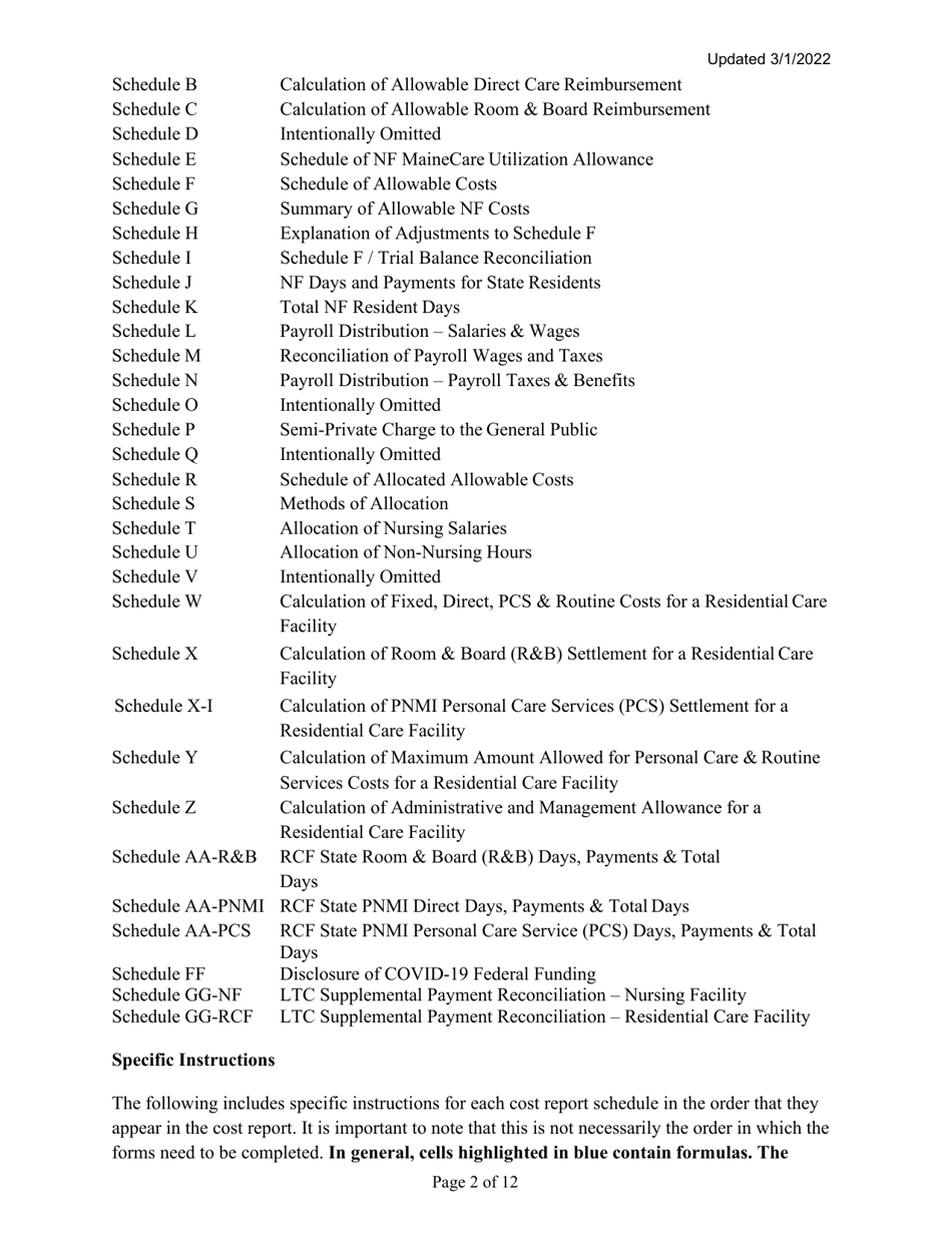 Instructions for Mainecare Cost Report for Multilevel Nursing Facilities With 1 Rcf Unit - Maine, Page 2