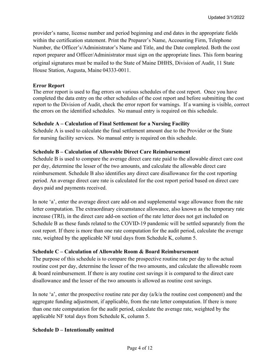 Instructions for Mainecare Cost Report for Multilevel Nursing Facilities With 1 Rcf Unit - Maine, Page 4