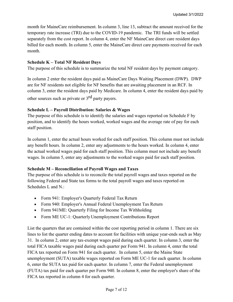 Instructions for Mainecare Cost Report for Multilevel Nursing Facilities With 1 Rcf Unit - Maine, Page 7