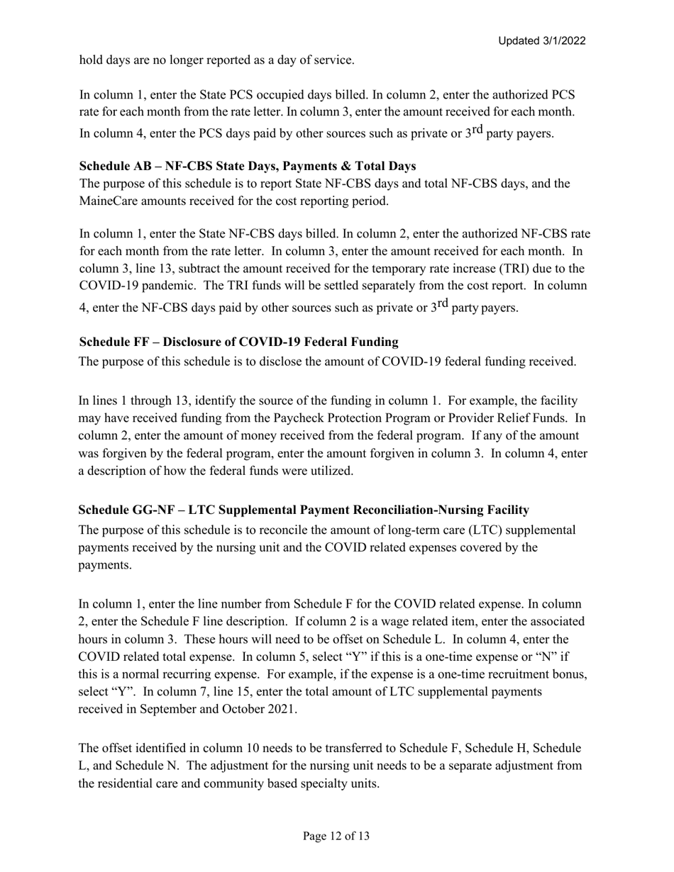 Instructions for Mainecare Cost Report for Multilevel Nursing Facilities With 1 Rcf Unit and Community Based Specialty (Cbs) Unit - Maine, Page 12