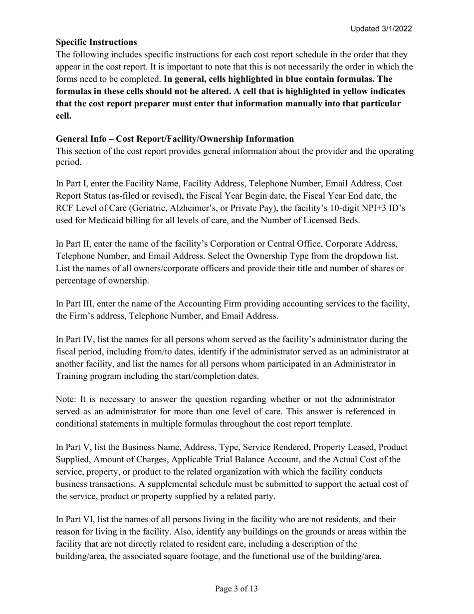 Instructions for Mainecare Cost Report for Multilevel Nursing Facilities With 1 Rcf Unit and Community Based Specialty (Cbs) Unit - Maine, Page 3