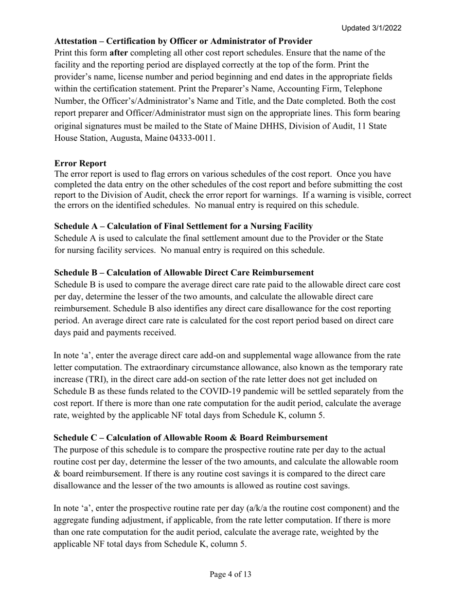 Instructions for Mainecare Cost Report for Multilevel Nursing Facilities With 1 Rcf Unit and Community Based Specialty (Cbs) Unit - Maine, Page 4