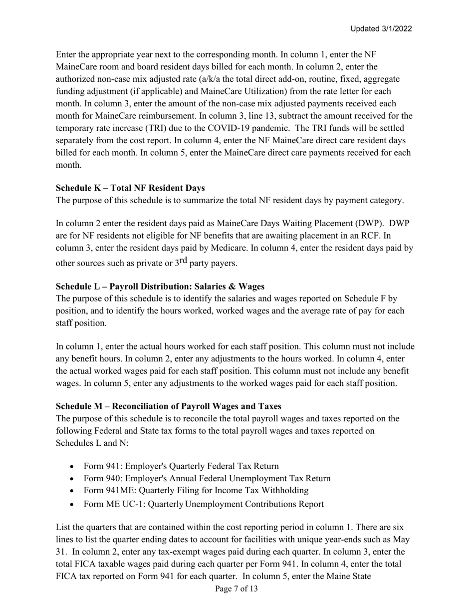 Instructions for Mainecare Cost Report for Multilevel Nursing Facilities With 1 Rcf Unit and Community Based Specialty (Cbs) Unit - Maine, Page 7