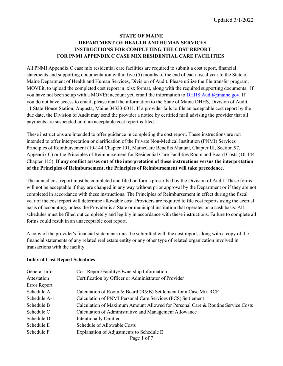 Instructions for Mainecare Cost Report for Appendix C Private Non-medical Institutions (Pnmi) - Maine, Page 1