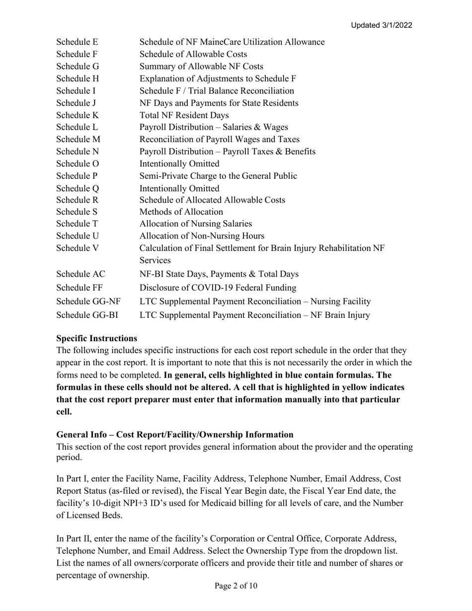 Instructions for Mainecare Cost Report for Nursing Facilities With Brain Injury Unit - Maine, Page 2