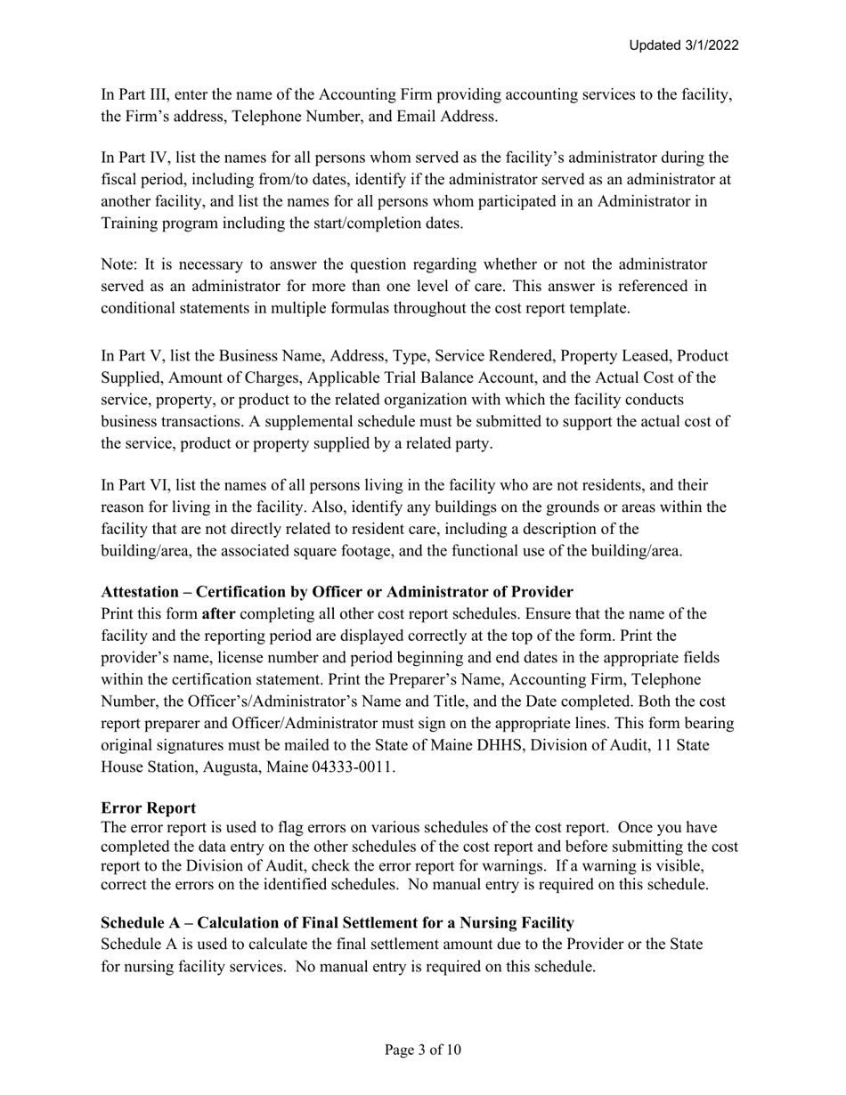 Instructions for Mainecare Cost Report for Nursing Facilities With Brain Injury Unit - Maine, Page 3