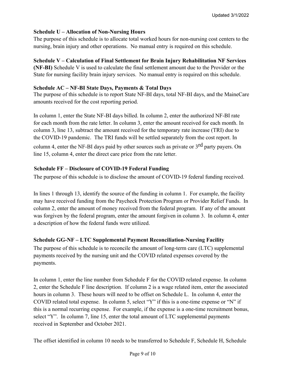 Instructions for Mainecare Cost Report for Nursing Facilities With Brain Injury Unit - Maine, Page 9