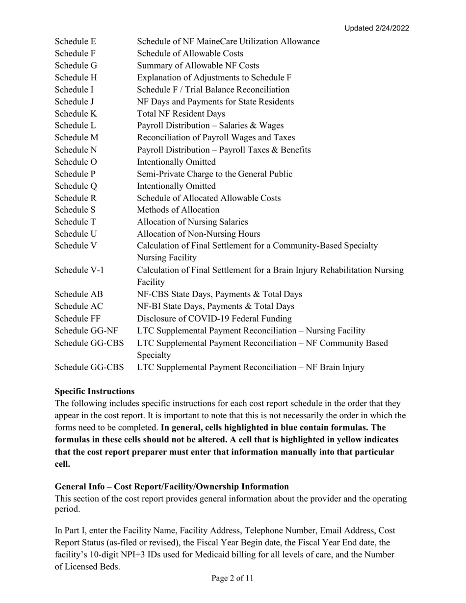 Instructions for Mainecare Cost Report for Multilevel Nursing Facilities With a Community Based Specialty (Cbs) Unit and a Brain Injury (BI) Unit - Maine, Page 2