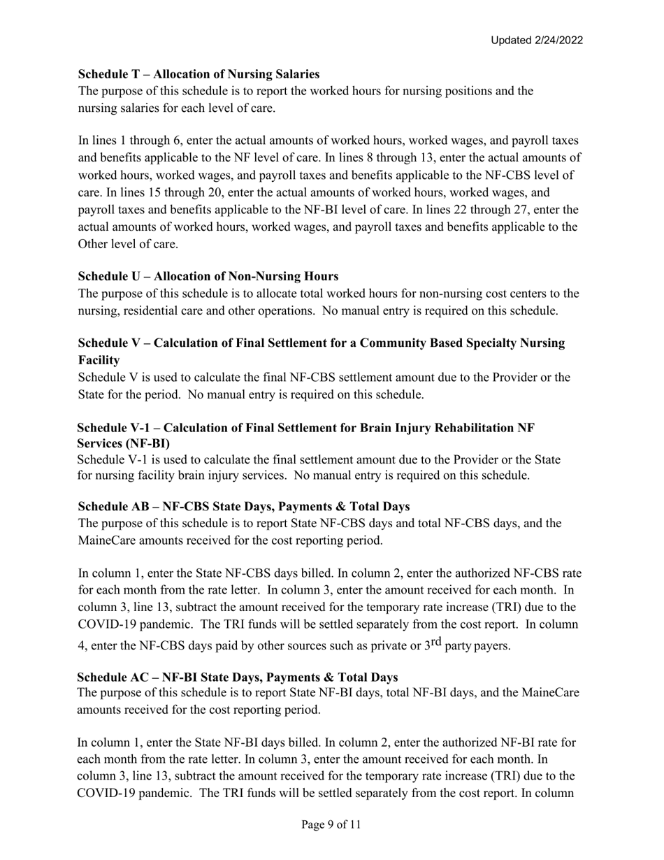 Instructions for Mainecare Cost Report for Multilevel Nursing Facilities With a Community Based Specialty (Cbs) Unit and a Brain Injury (BI) Unit - Maine, Page 9