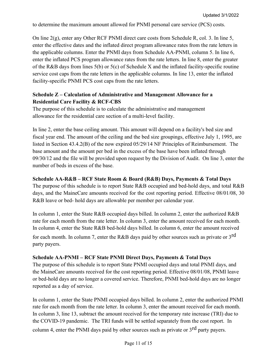 Instructions for Mainecare Cost Report for Multilevel Nursing Facilities With 1 Rcf Unit, Nf Community Based Specialty, and Rcf Community Based Specialty - Maine, Page 11